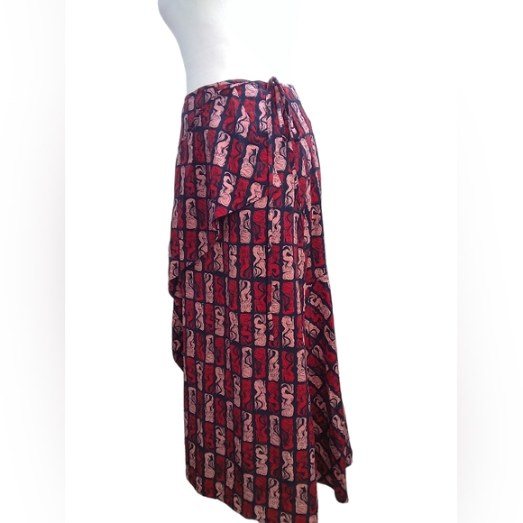 Kenzo Woman's Midnight Blue Mermaid Print Midi Wrap Skirt in Red Size US 6 - Picture 3 of 11